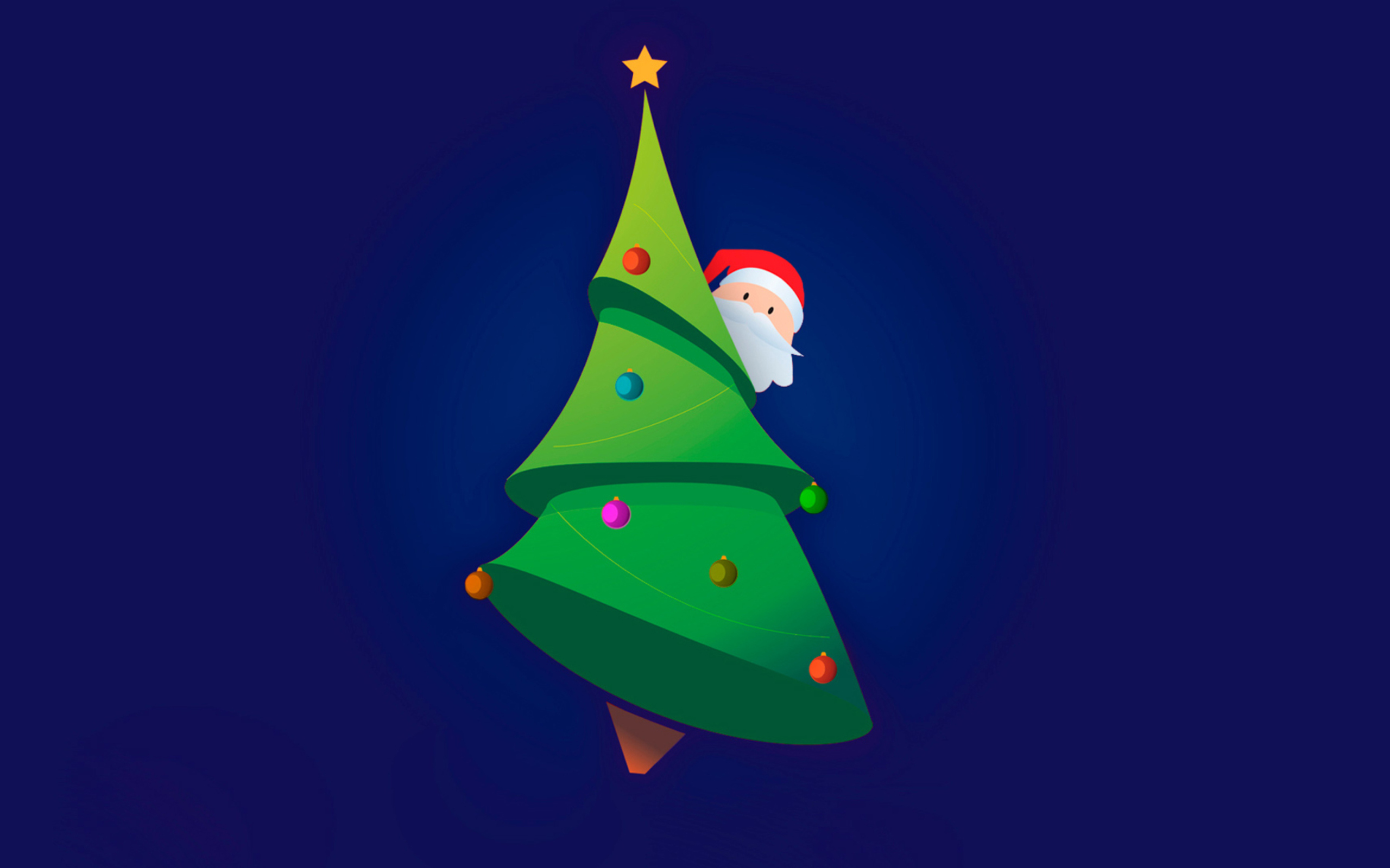Das Santa Hising Behind Christmas Tree Wallpaper 2560x1600