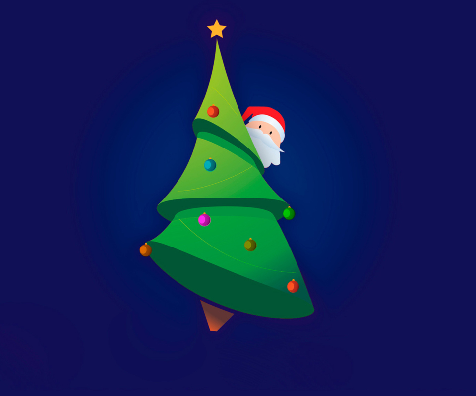 Das Santa Hising Behind Christmas Tree Wallpaper 960x800
