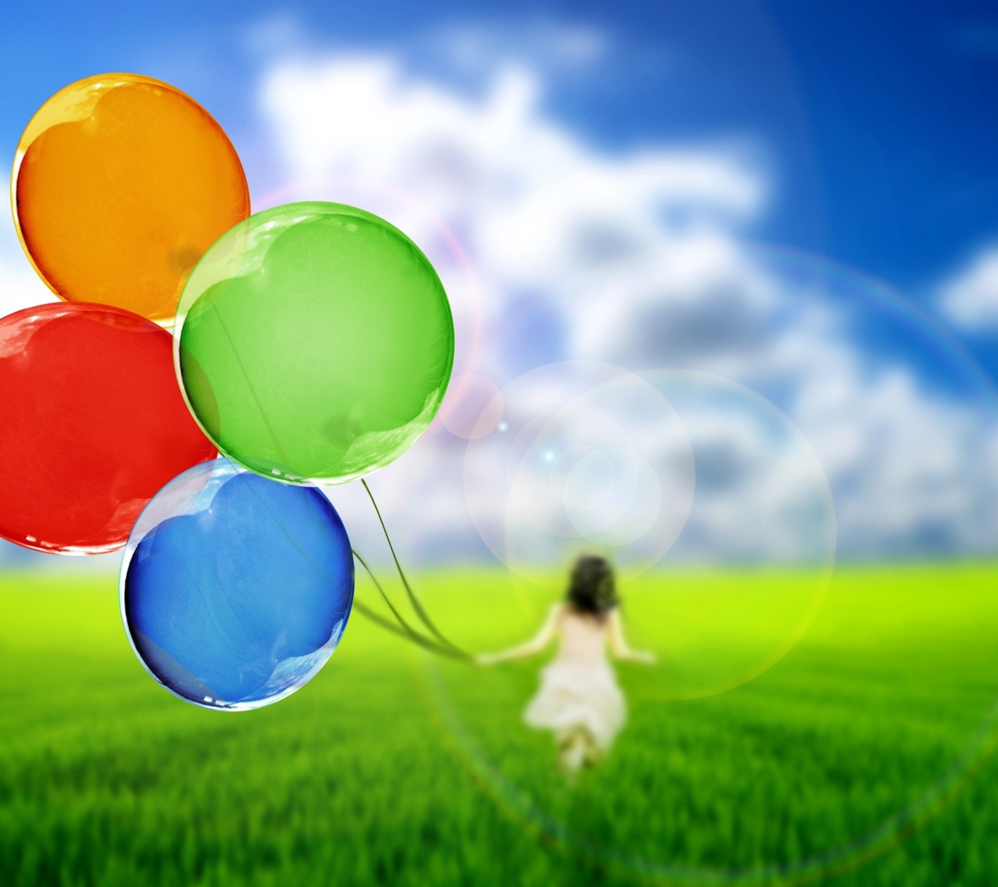 Fondo de pantalla Girl Running With Colorful Balloons 1440x1280