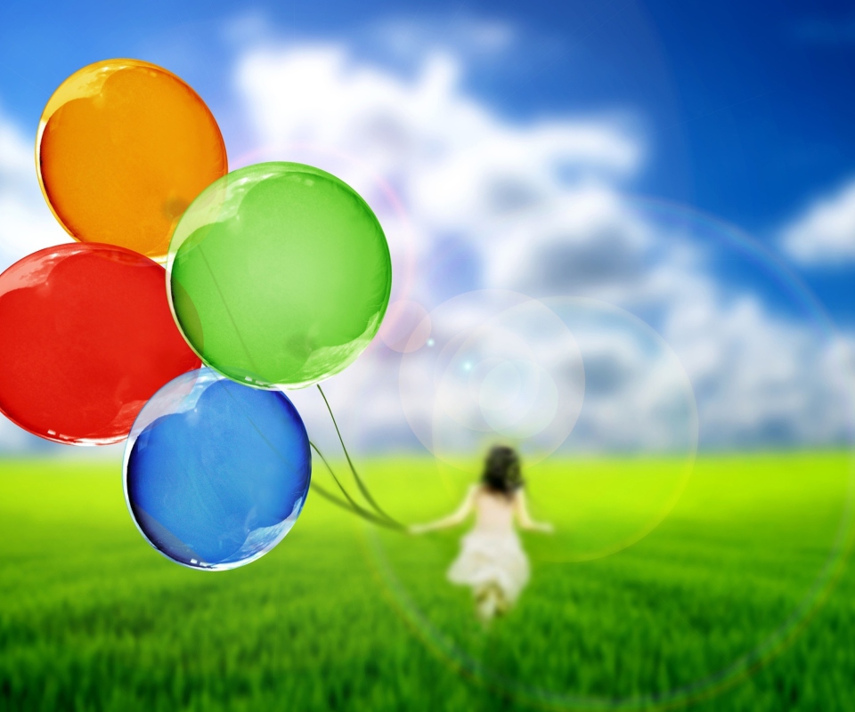 Обои Girl Running With Colorful Balloons 960x800