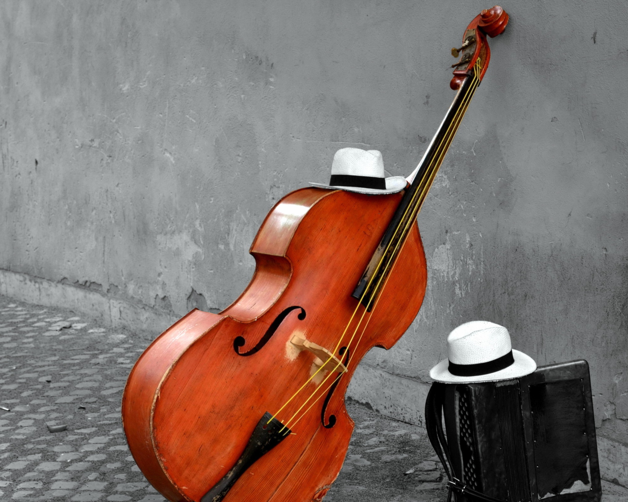 Обои Contrabass And Hat On Street 1280x1024