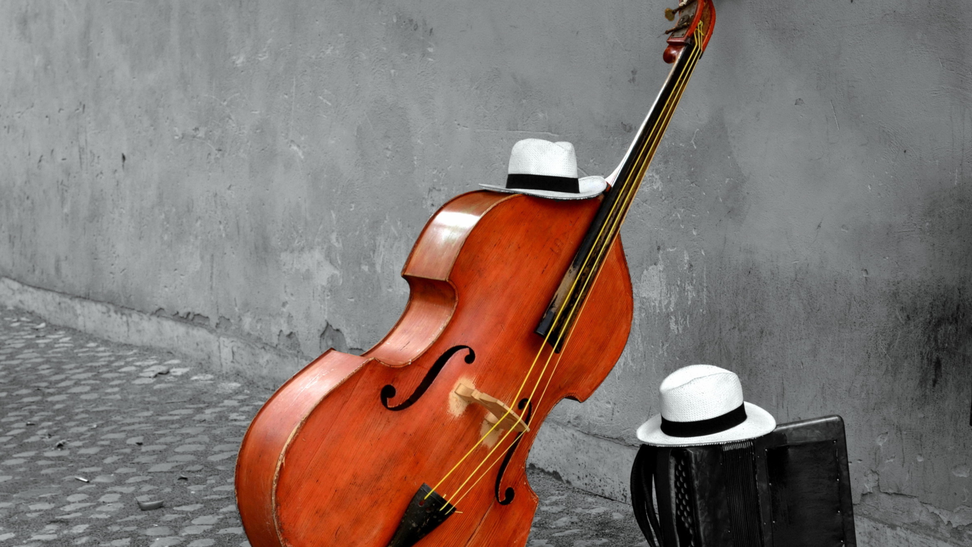 Contrabass And Hat On Street wallpaper 1920x1080
