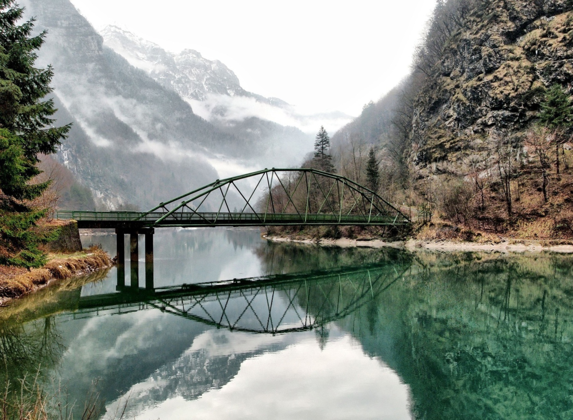 Обои Bridge Over Mountain River 1920x1408