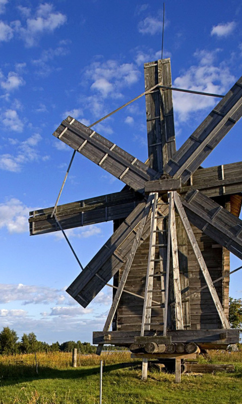 Das Kizhi Island with wooden Windmill Wallpaper 480x800