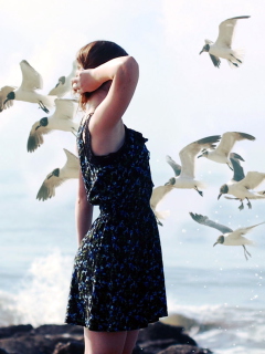 Das Girl On Sea Coast And Seagulls Wallpaper 240x320