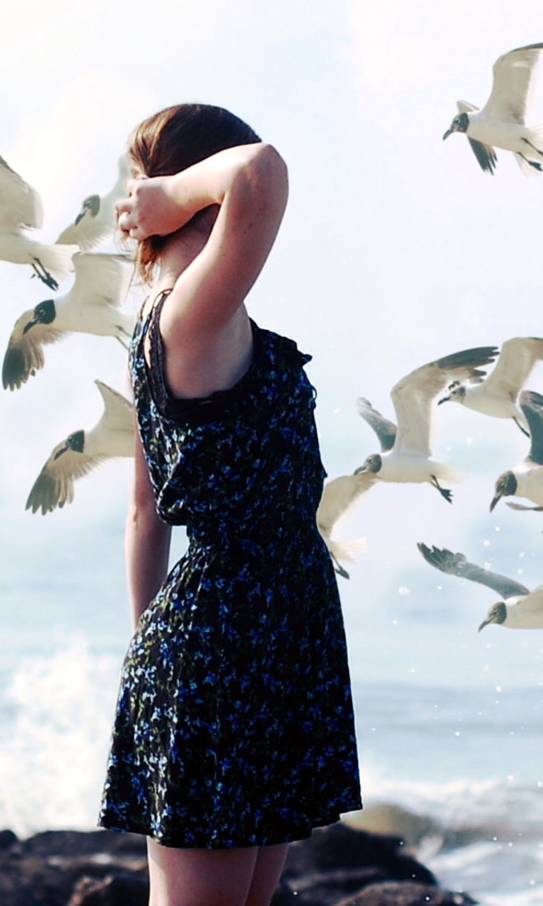 Обои Girl On Sea Coast And Seagulls 768x1280