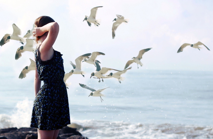 Girl On Sea Coast And Seagulls screenshot #1