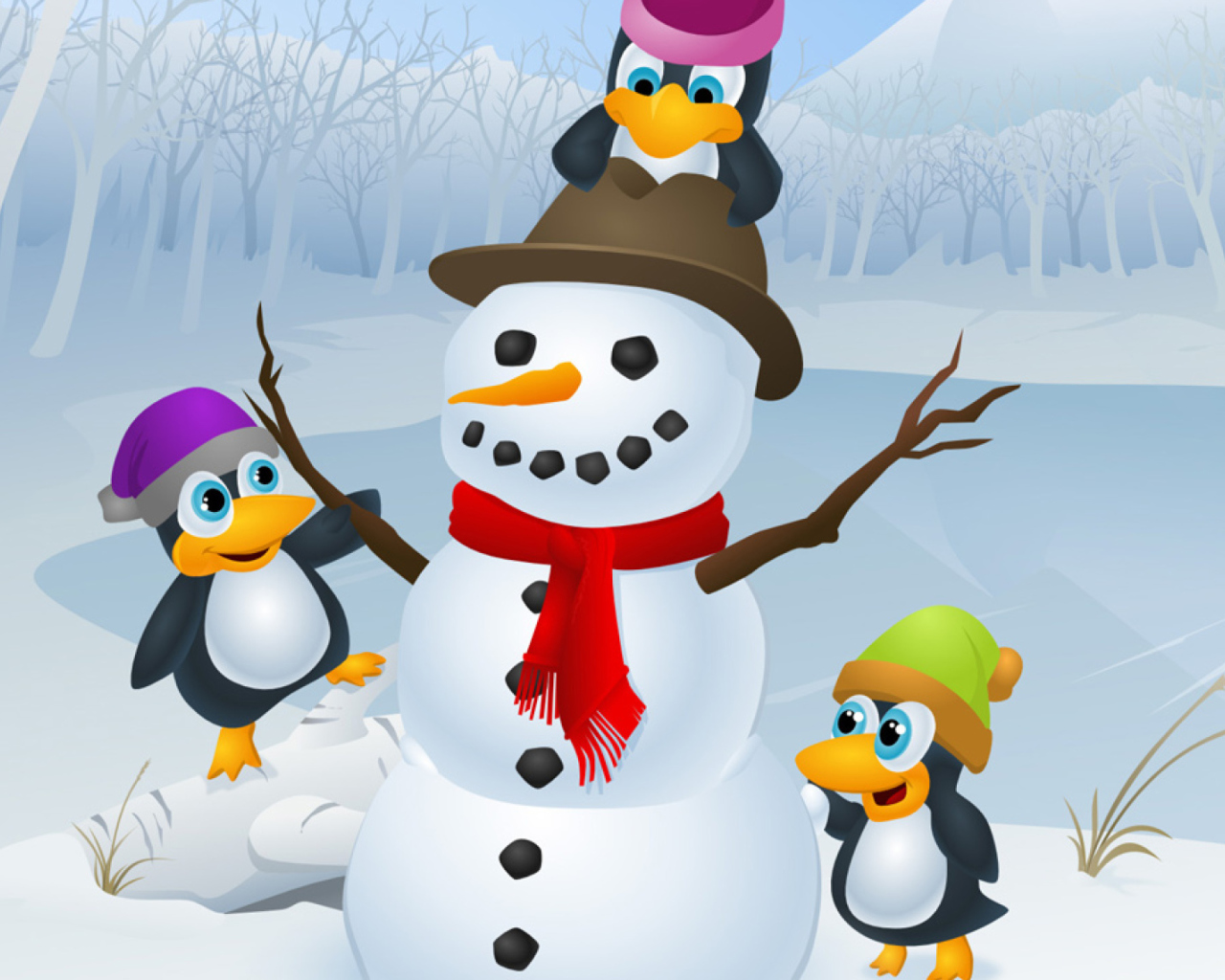 Snowman and Penguin wallpaper 1280x1024