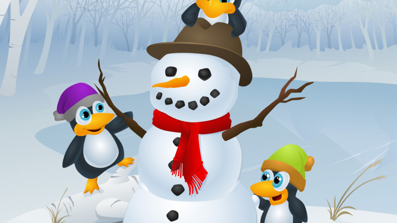 Fondo de pantalla Snowman and Penguin 1280x720