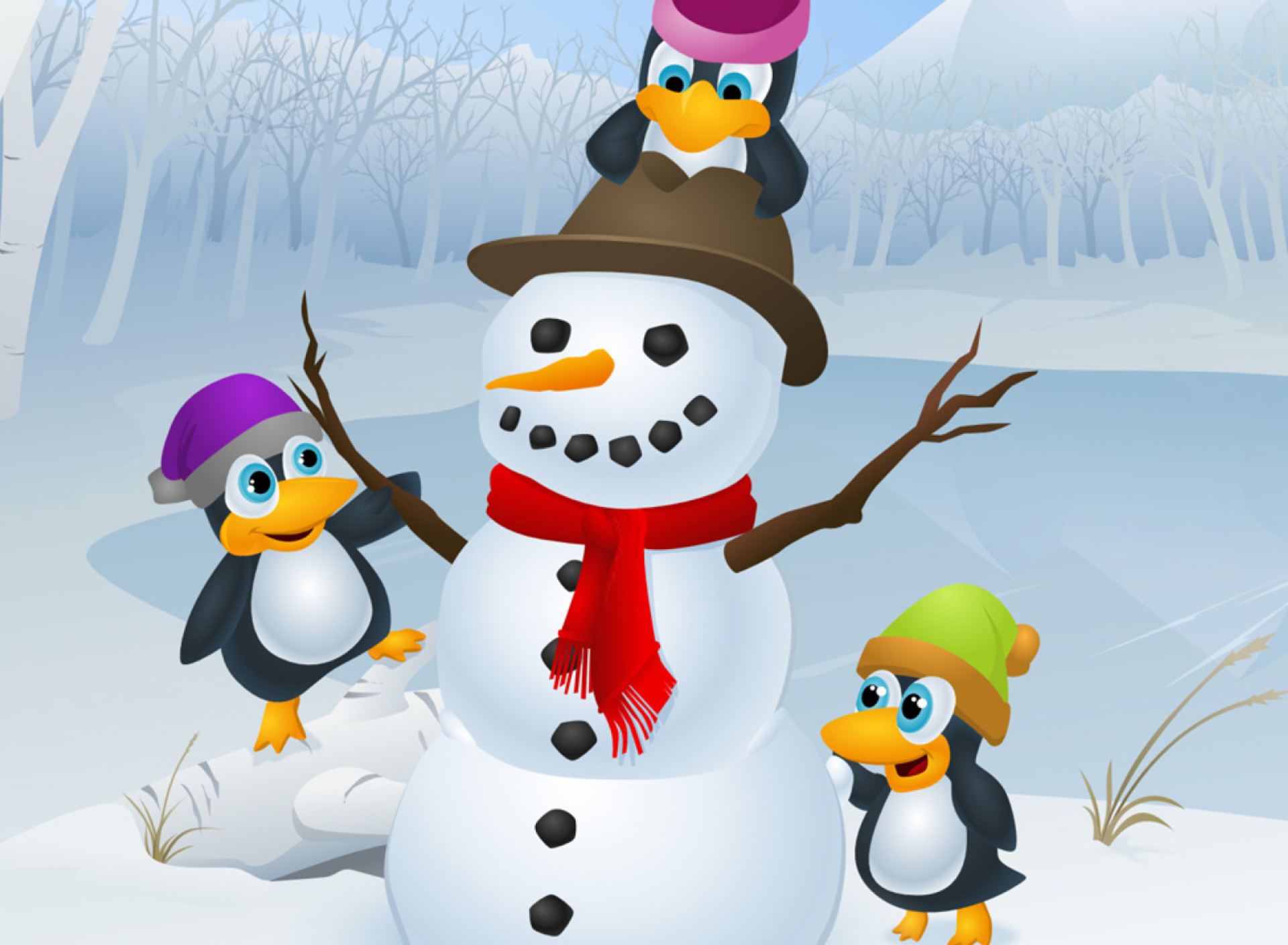 Fondo de pantalla Snowman and Penguin 1920x1408