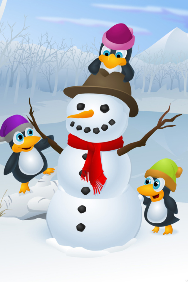 Das Snowman and Penguin Wallpaper 640x960