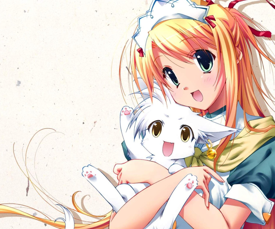 Das Girl Holding Kitty - Bukatsu Kikaku Wallpaper 960x800