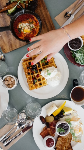 Sfondi Breakfast with Coffee, Bacon and Waffle 360x640