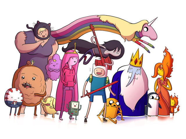 Обои Adventure time, finn the human, jake the dog, princess bubblegum, lady rainicorn, the ice king 640x480