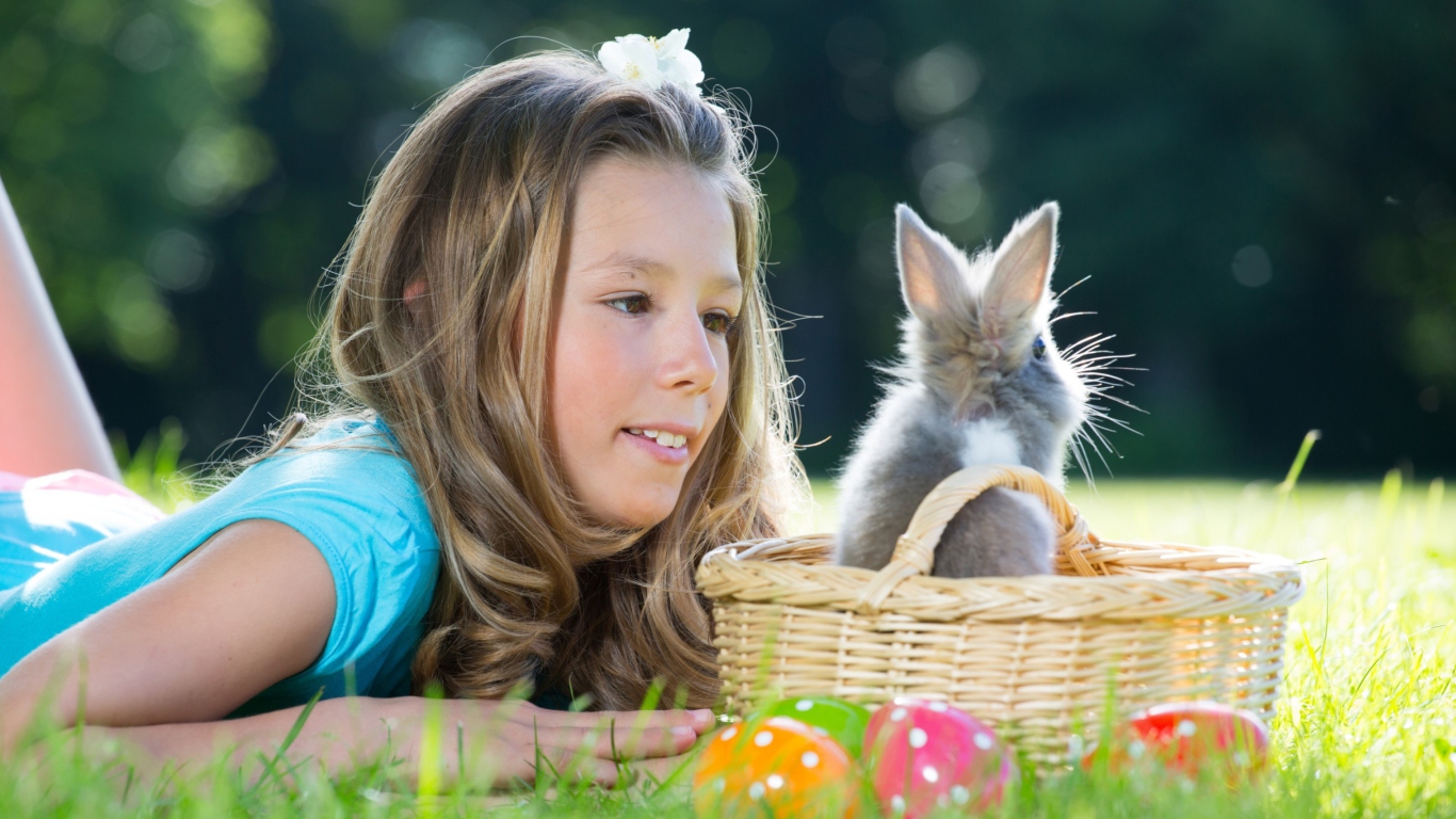 Girl And Fluffy Easter Rabbit wallpaper 1366x768