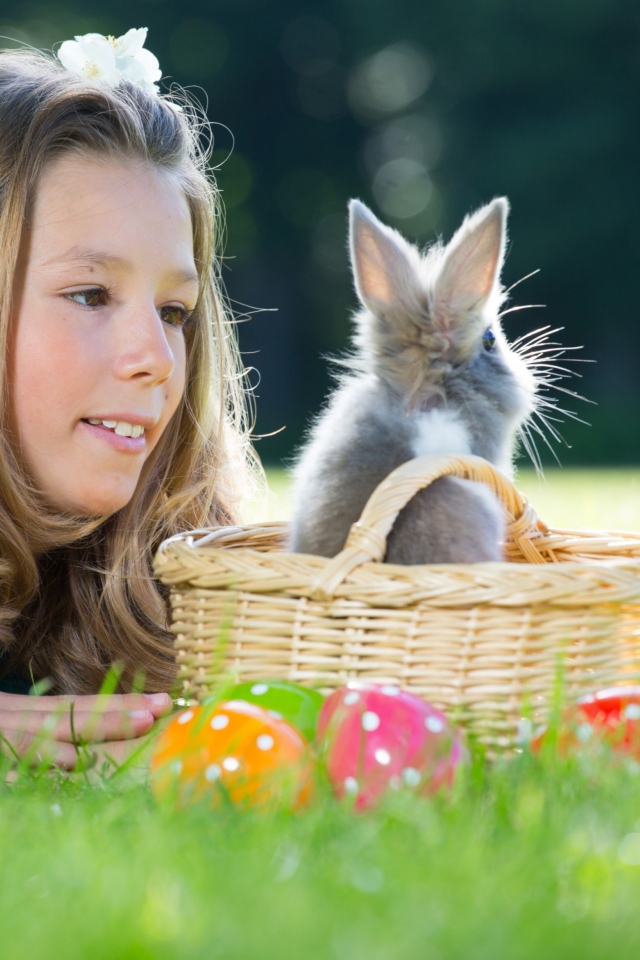 Girl And Fluffy Easter Rabbit wallpaper 640x960
