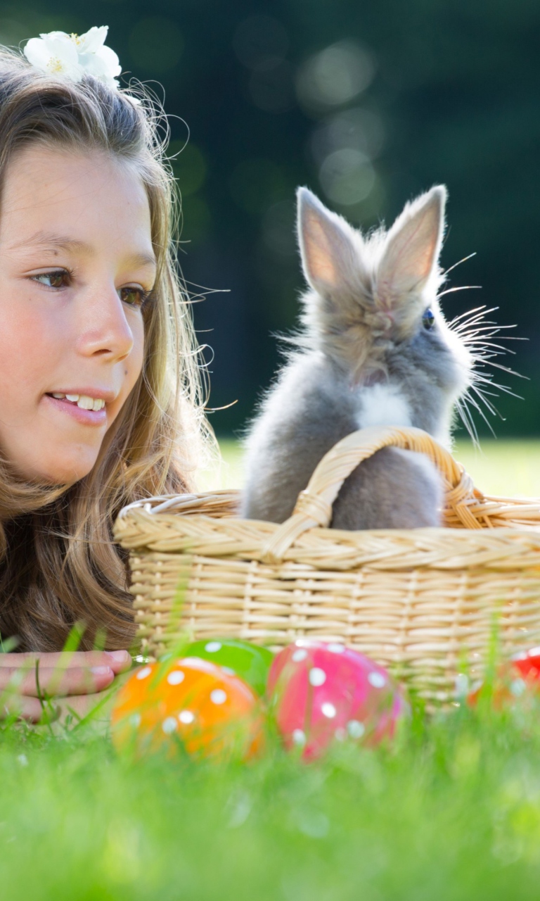 Girl And Fluffy Easter Rabbit wallpaper 768x1280