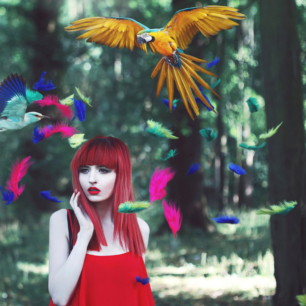 Screenshot №1 pro téma Girl, Birds And Feathers 1024x1024