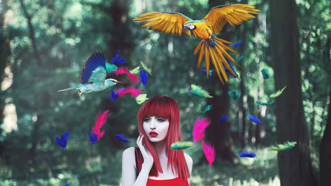 Girl, Birds And Feathers wallpaper 1366x768