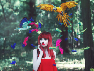 Screenshot №1 pro téma Girl, Birds And Feathers 320x240