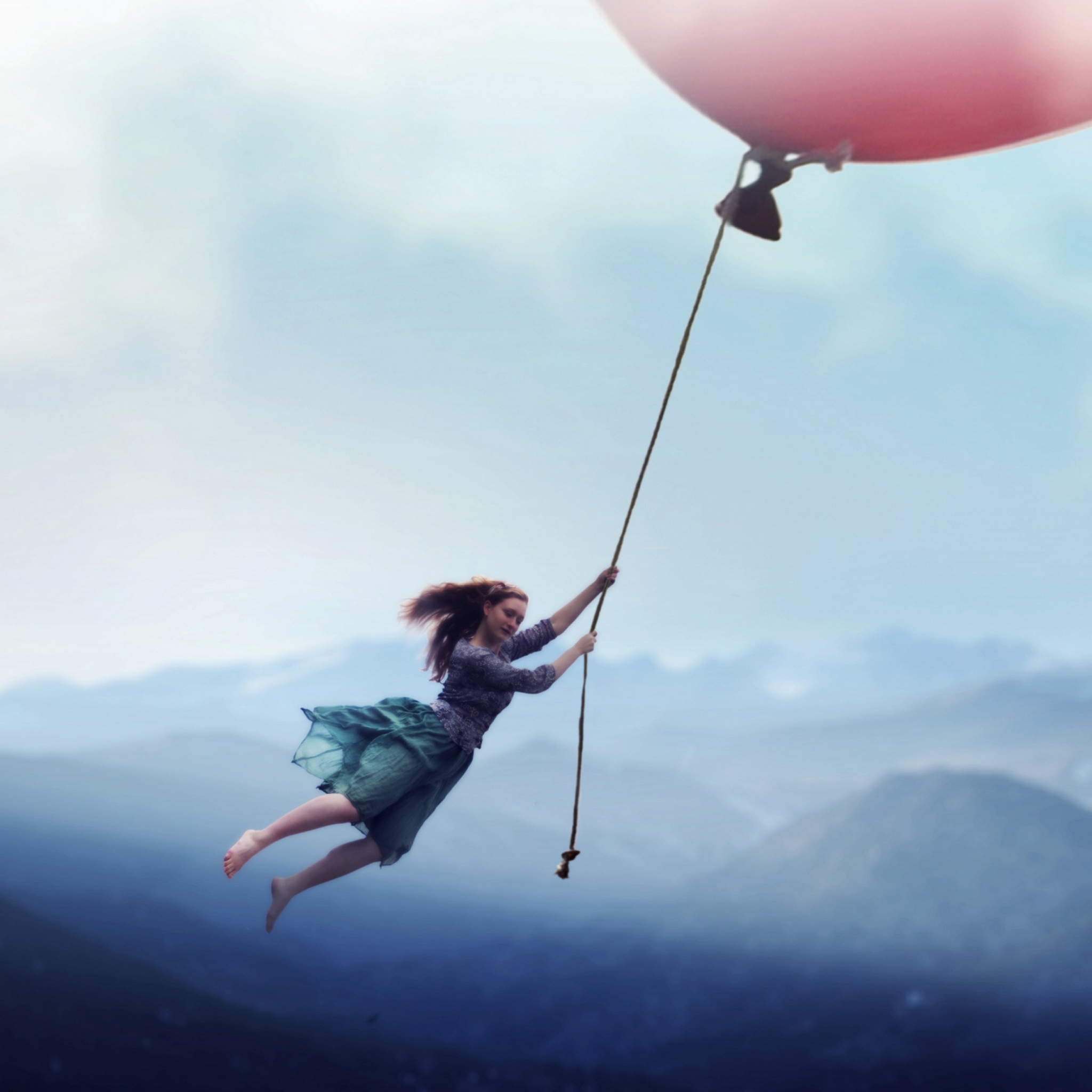 Das Girl Flying With Magic Balloon Wallpaper 2048x2048