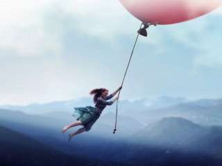 Das Girl Flying With Magic Balloon Wallpaper 320x240