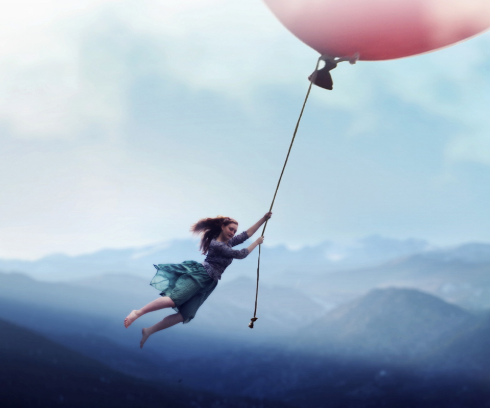 Das Girl Flying With Magic Balloon Wallpaper 960x800