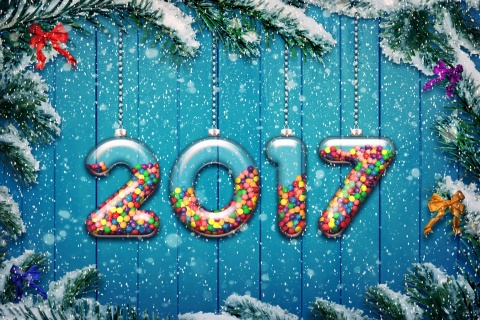 Das Happy New Year 2017 on Snowfall Texture Wallpaper 480x320