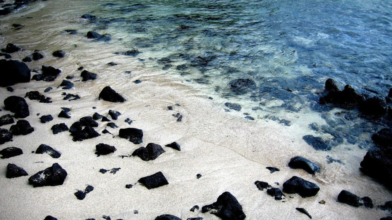 Обои Black Stones On White Sand Beach 1280x720