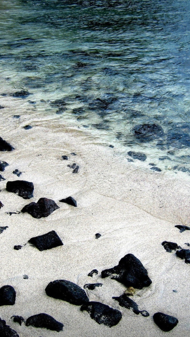 Fondo de pantalla Black Stones On White Sand Beach 640x1136