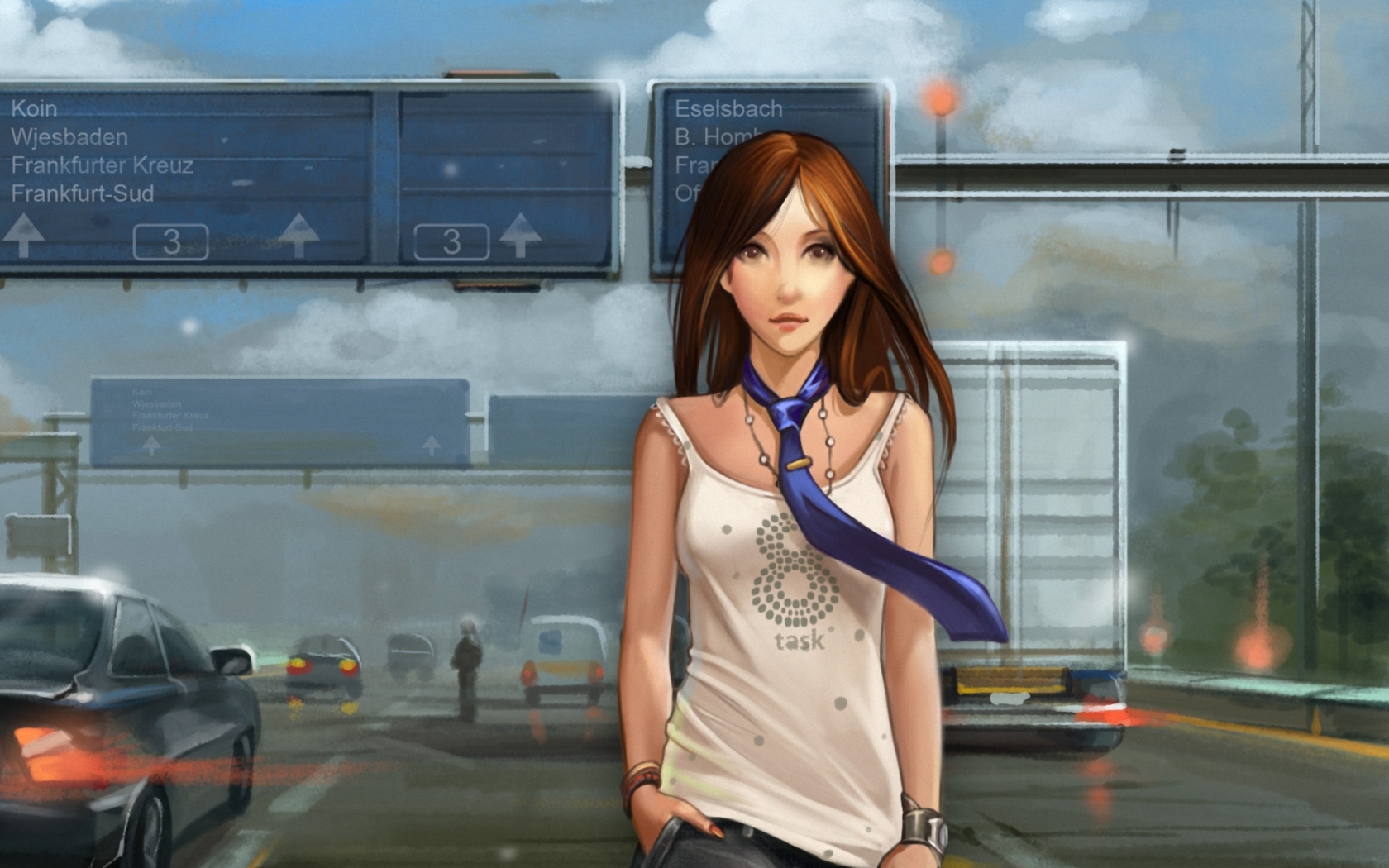 Обои Girl In Tie Walking On Road 1680x1050