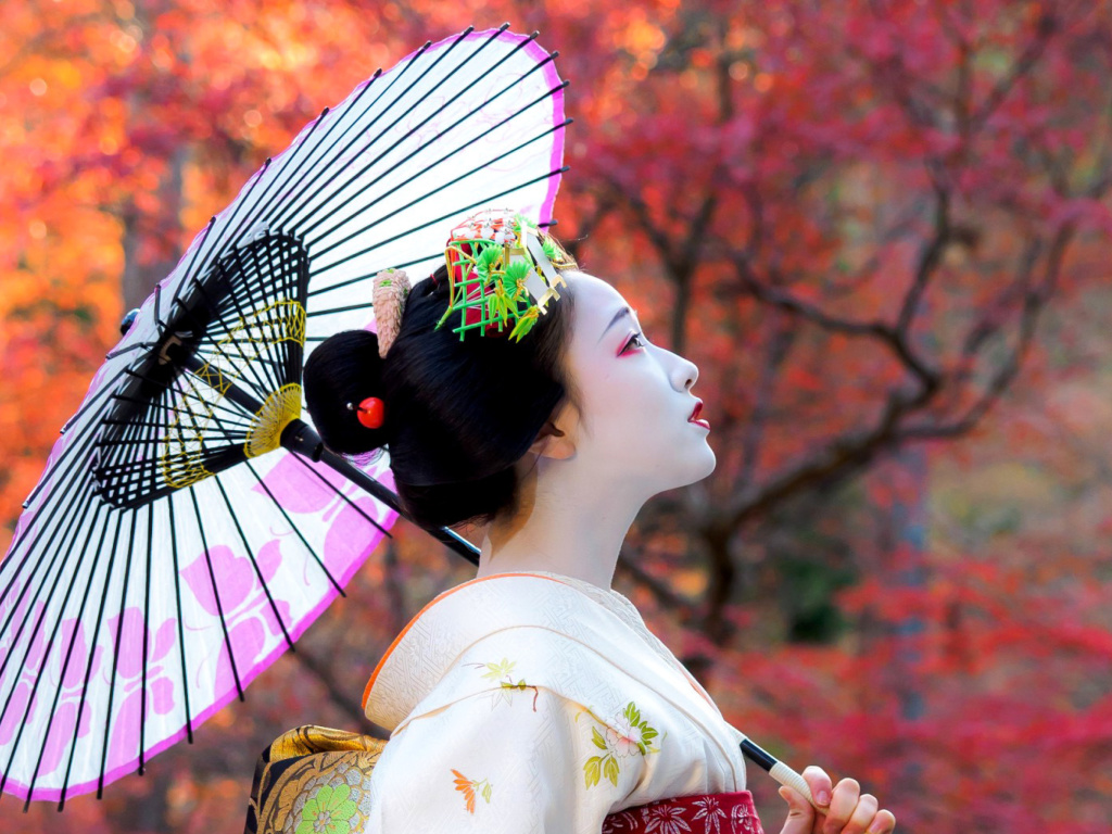 Japanese Girl with Umbrella wallpaper 1024x768