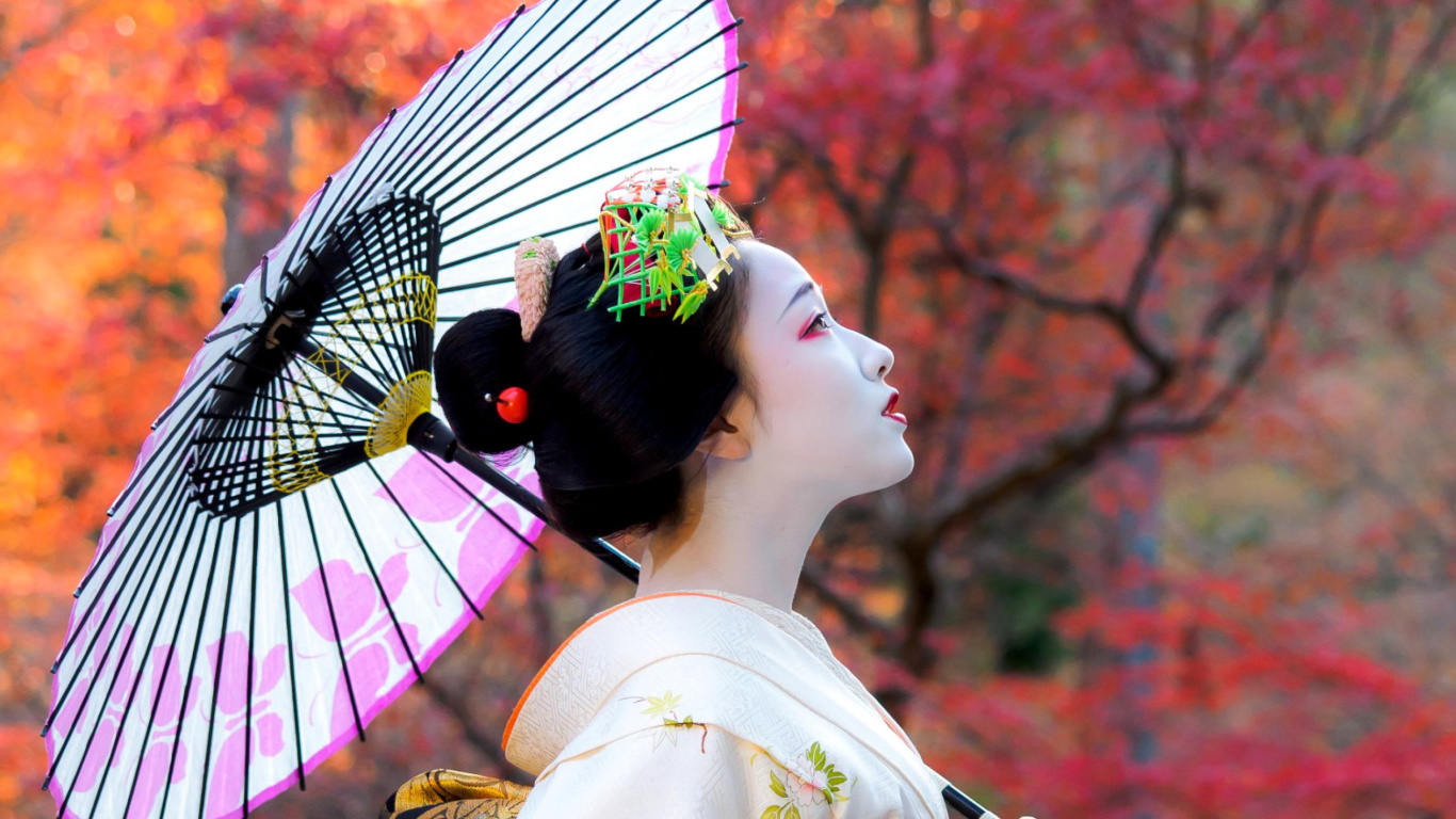 Обои Japanese Girl with Umbrella 1366x768