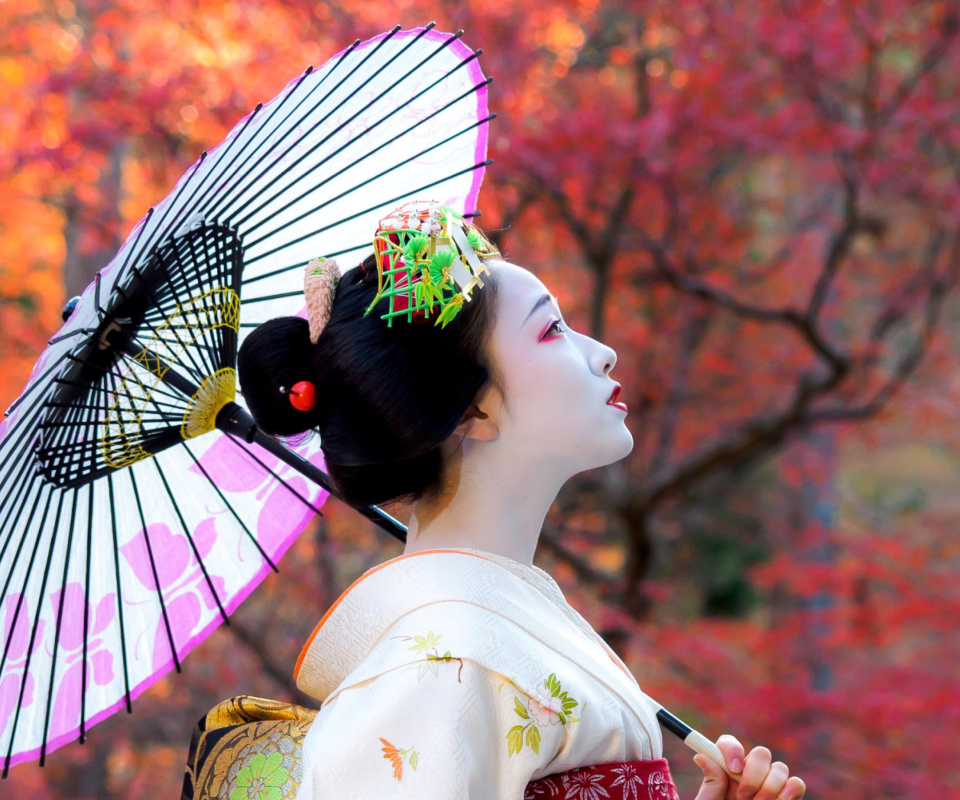 Das Japanese Girl with Umbrella Wallpaper 960x800