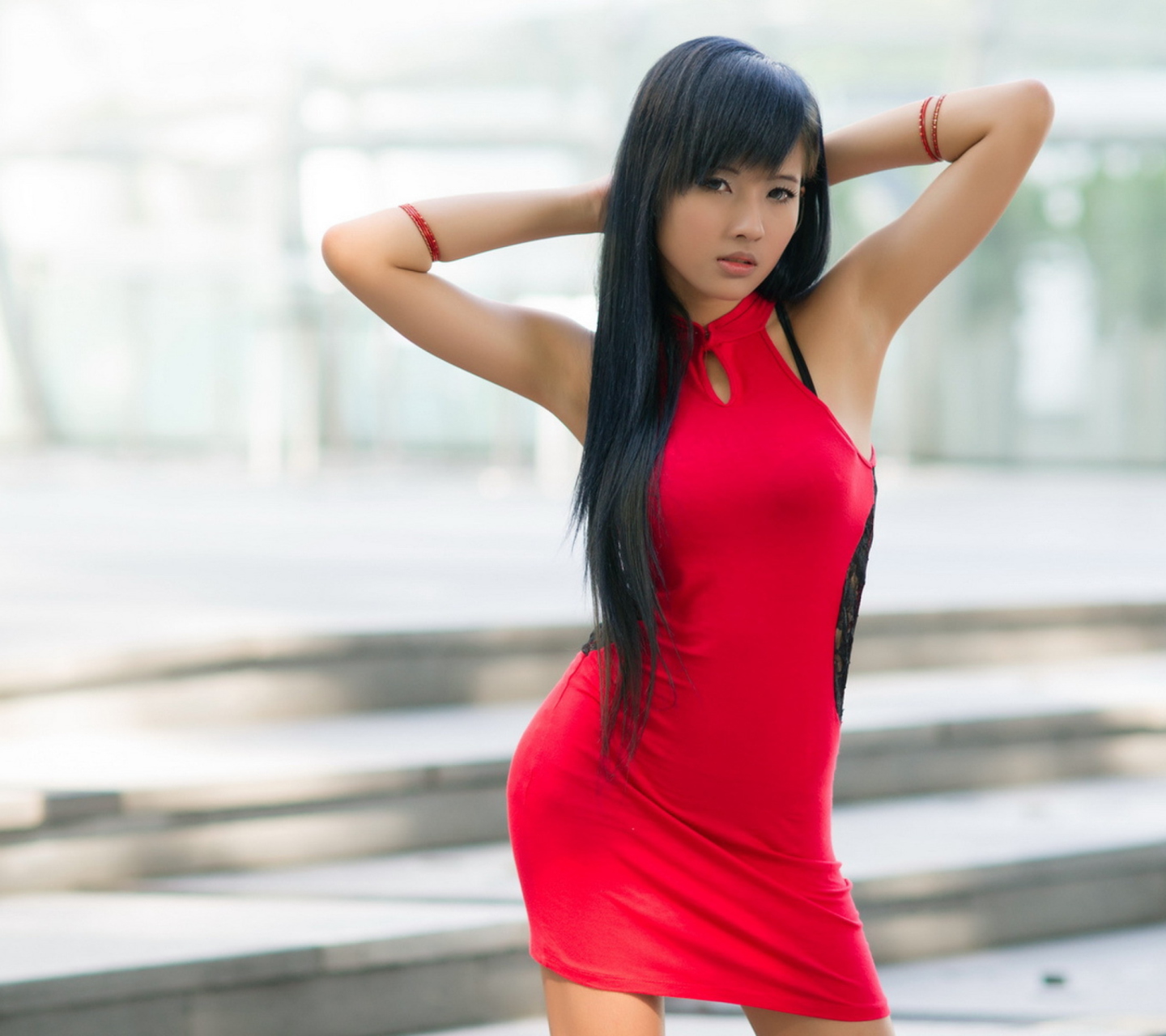 Обои Asian Girl In Red Dress 1440x1280