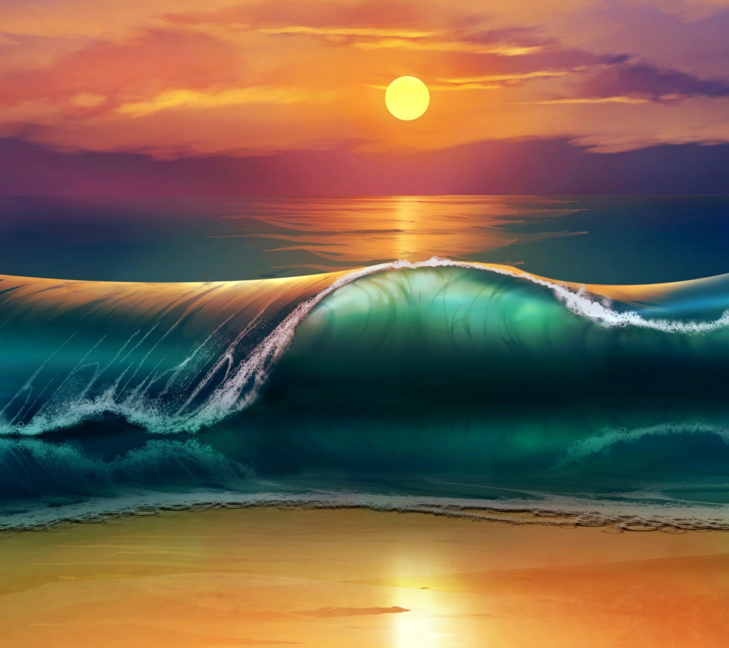 Screenshot №1 pro téma Sunset Over Ocean Waves Painting 1440x1280