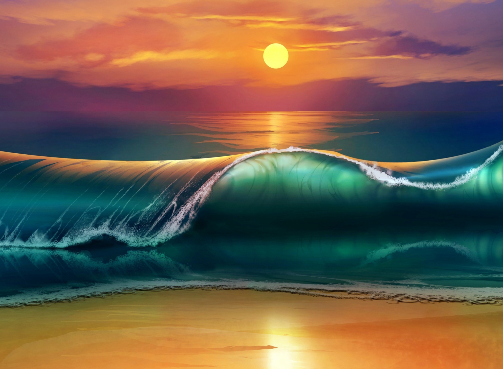 Sfondi Sunset Over Ocean Waves Painting 1920x1408