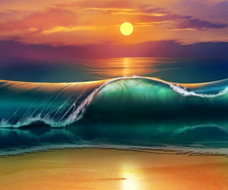 Das Sunset Over Ocean Waves Painting Wallpaper 960x800