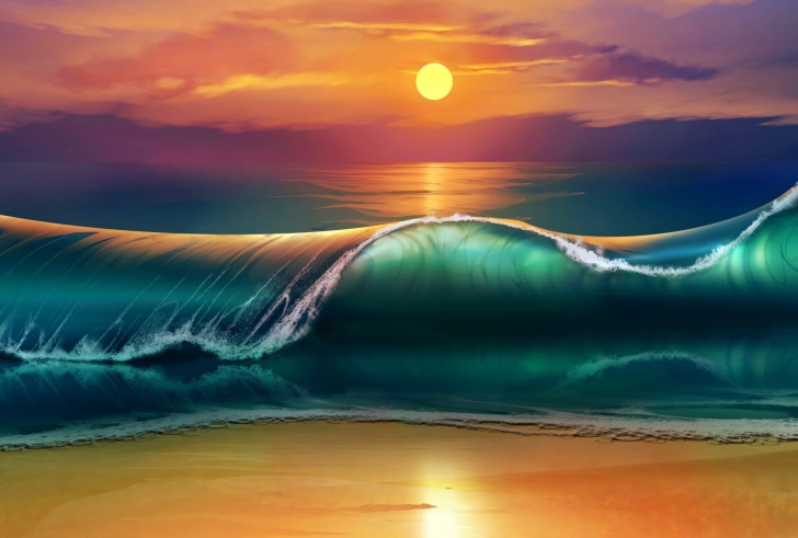 Sunset Over Ocean Waves Painting screenshot #1