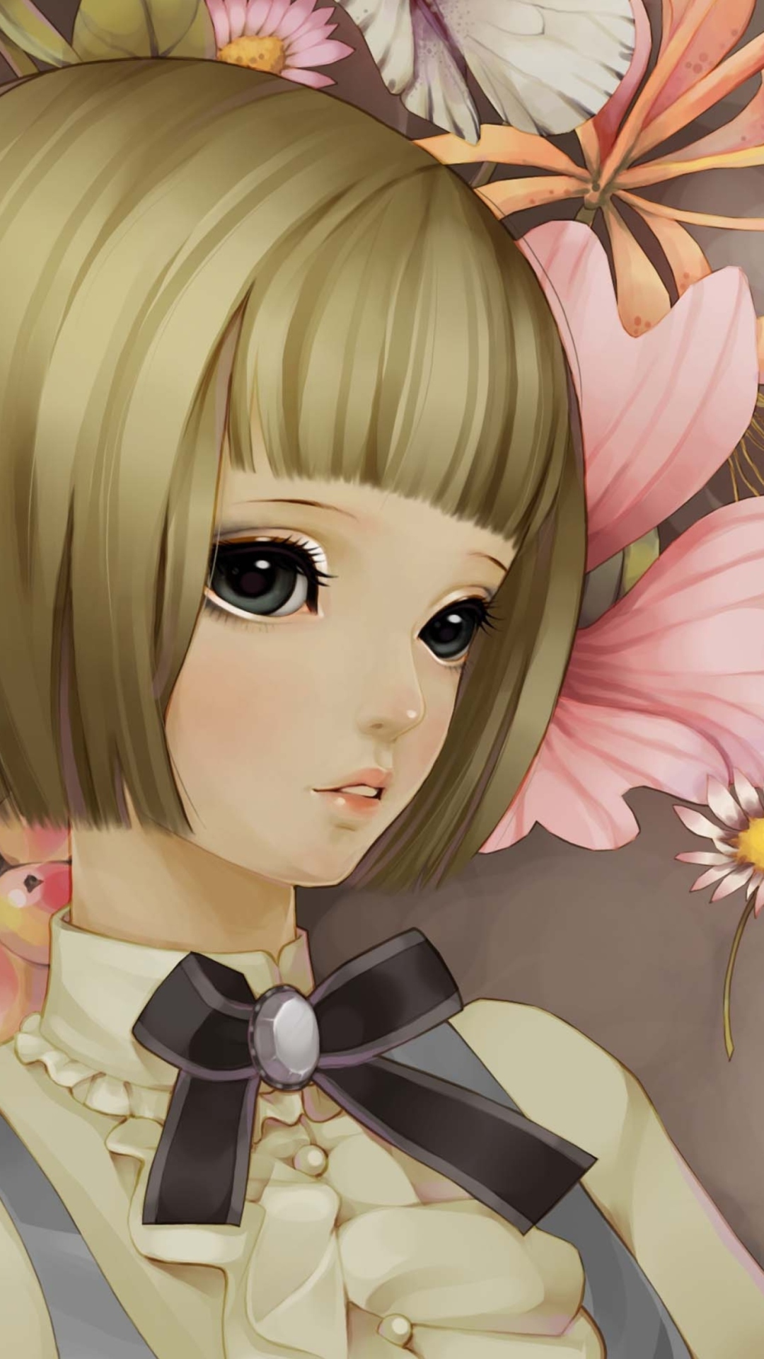 Обои Anime Style Girl And Pink Flowers 1080x1920