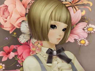Обои Anime Style Girl And Pink Flowers 320x240