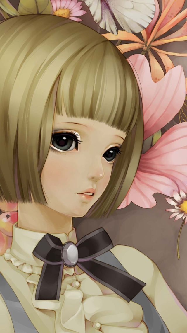 Das Anime Style Girl And Pink Flowers Wallpaper 640x1136
