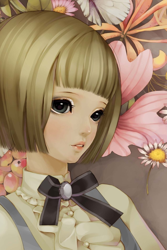 Anime Style Girl And Pink Flowers wallpaper 640x960