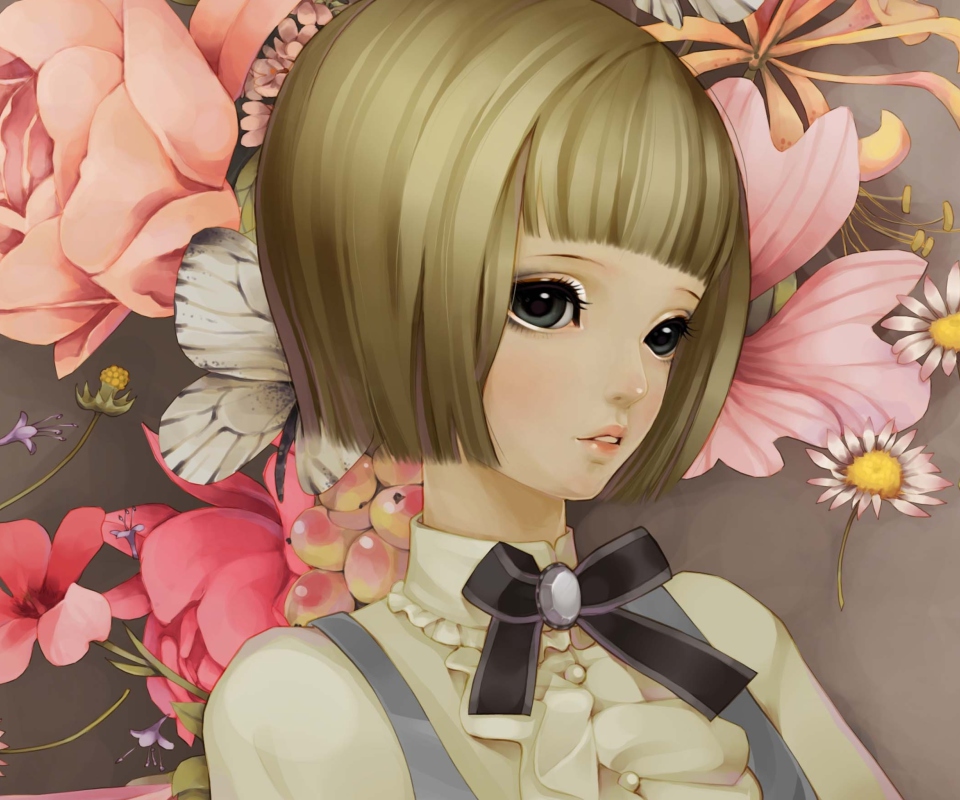 Обои Anime Style Girl And Pink Flowers 960x800
