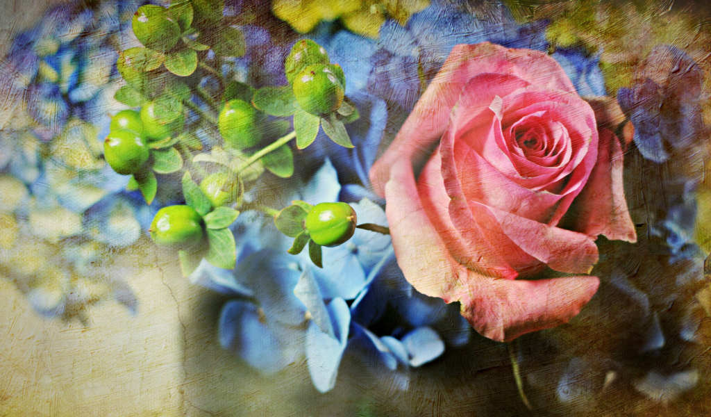 Sfondi Pink Rose And Blue Flowers 1024x600