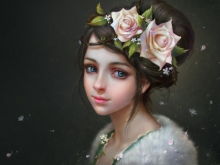 Das Girl With Roses In Her Hair Painting Wallpaper 320x240