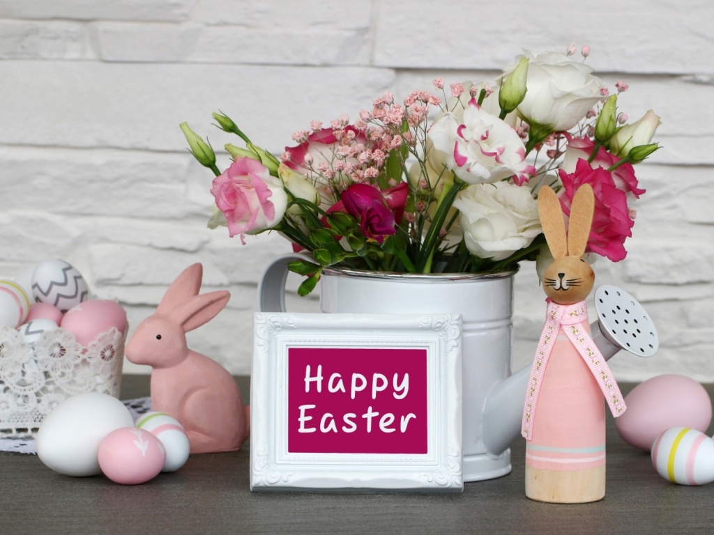 Das Happy Easter with Hare Figures Wallpaper 1024x768