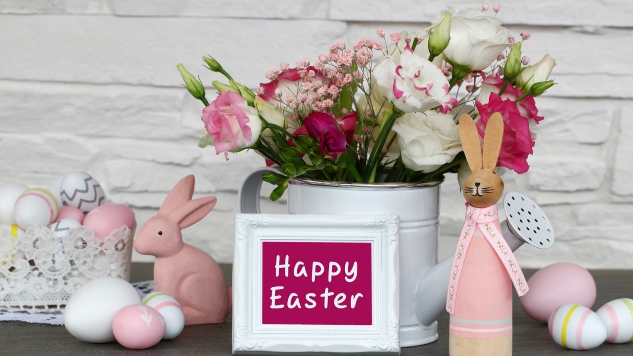 Das Happy Easter with Hare Figures Wallpaper 1280x720