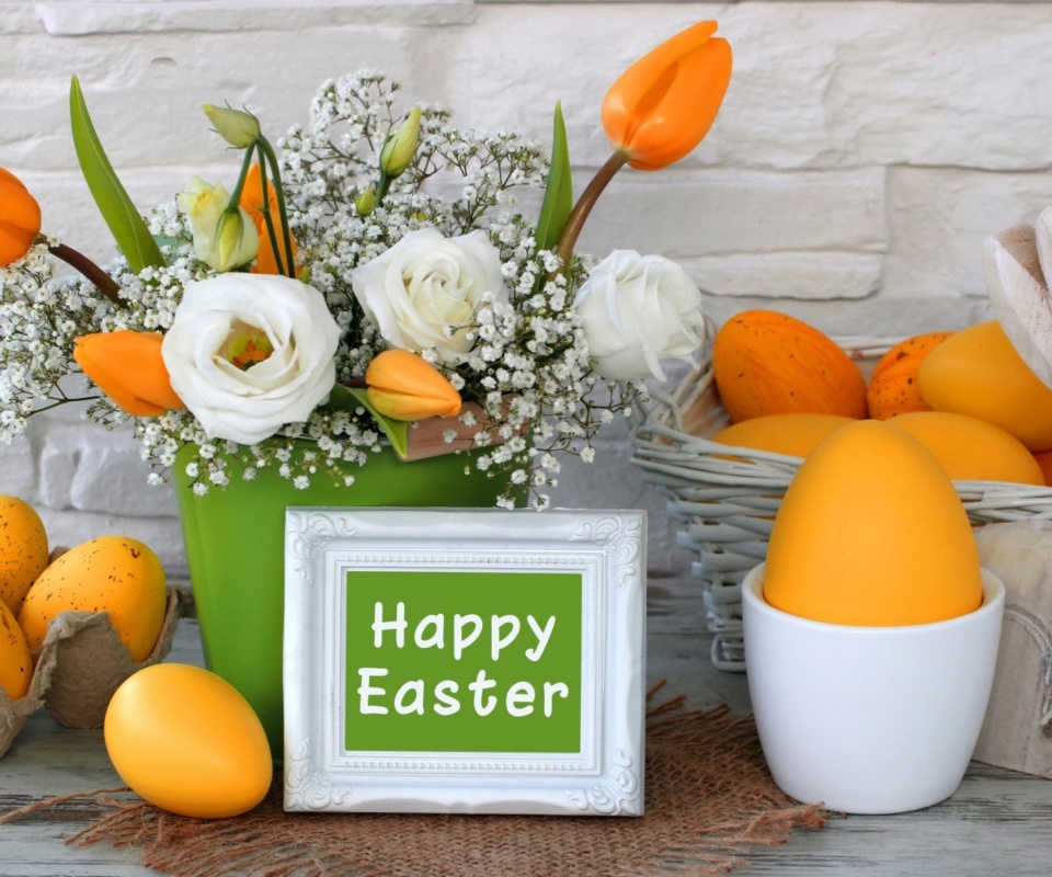 Fondo de pantalla Easter decoration with yellow eggs and bunny 960x800