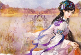 Japanese Woman In Kimono Illustration sfondi gratuiti per cellulari Android, iPhone, iPad e desktop